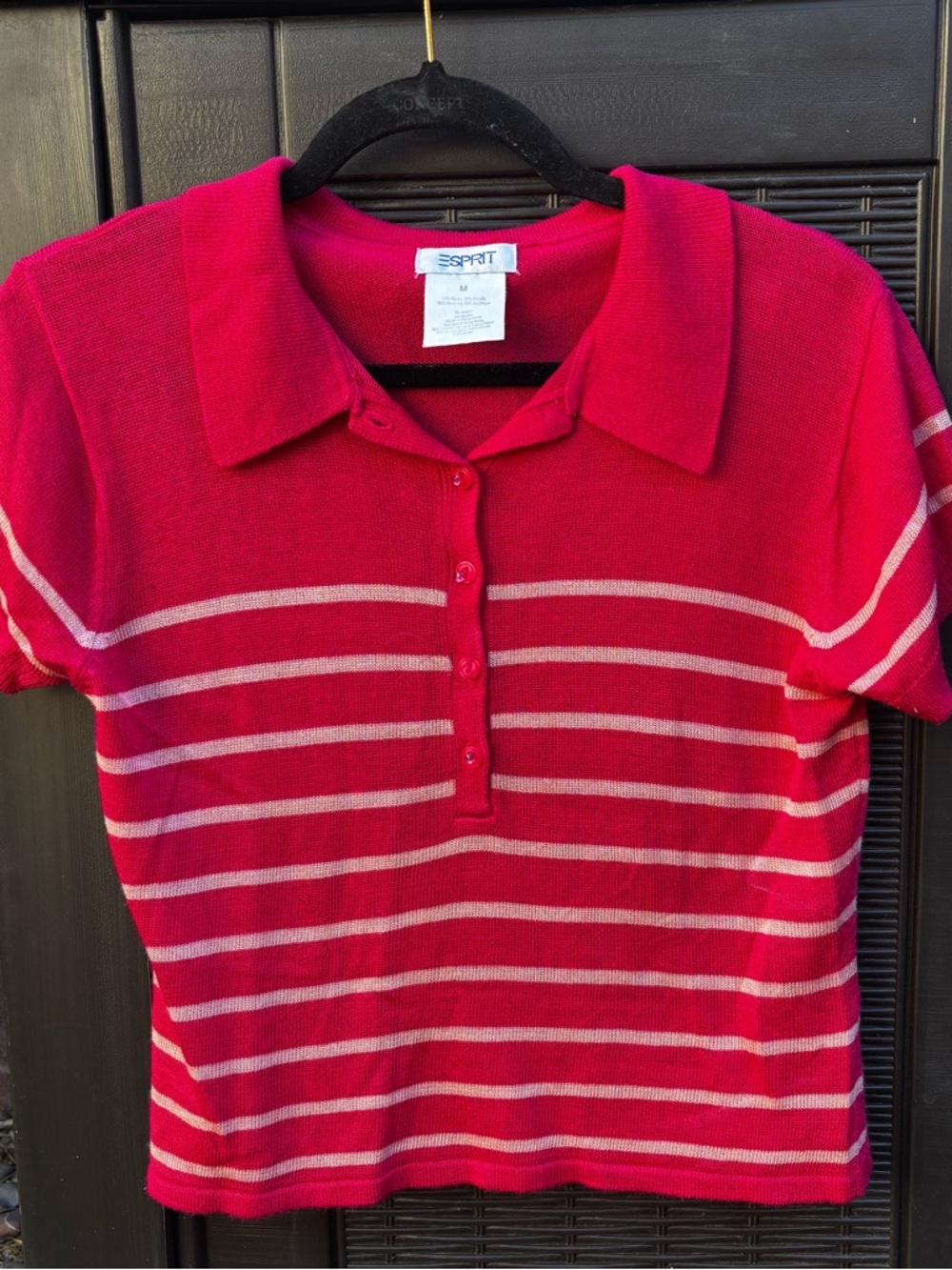 Vintage Espirit Polo Knit Shirt Striped Pink Size Medium Short Sleeve Preppy